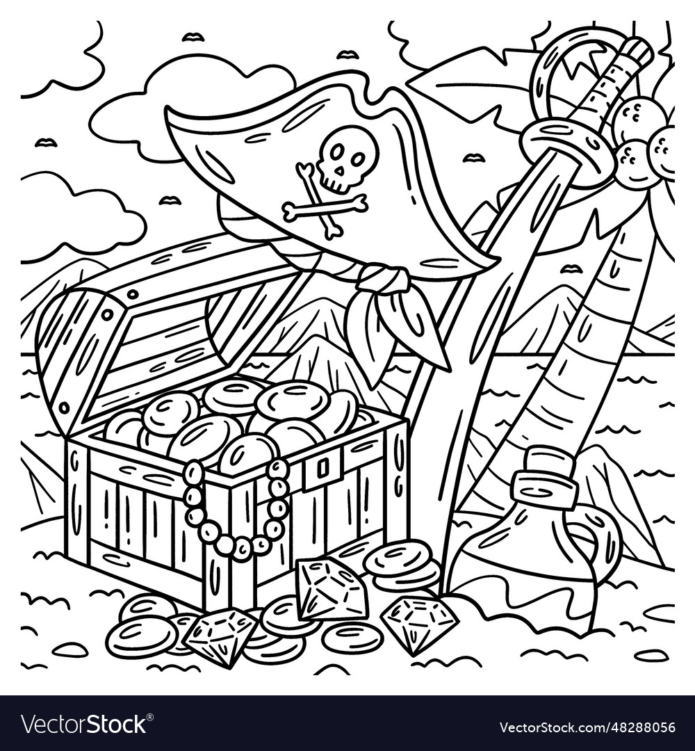 Pirate treasure hat and cutlass coloring page vector image