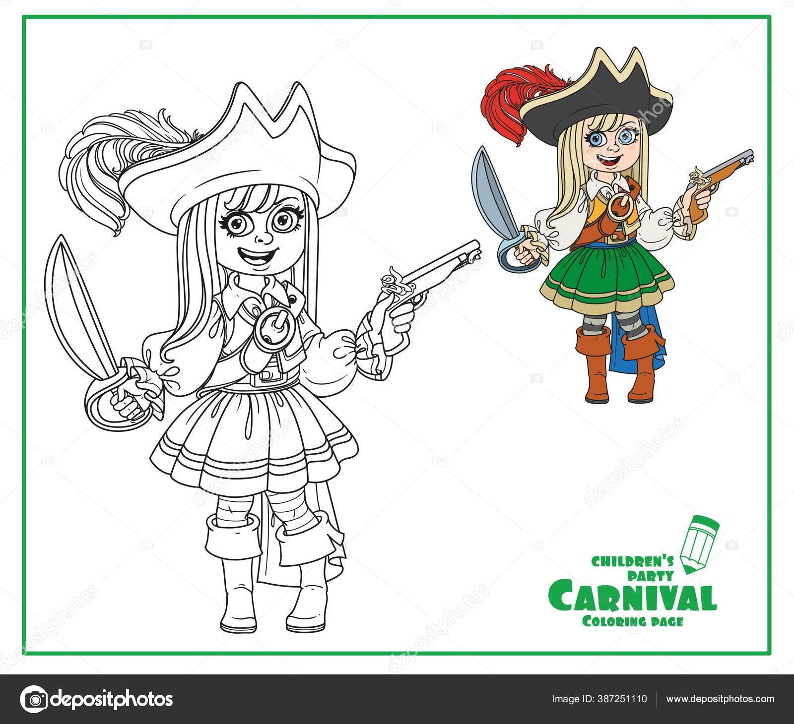 Cute girl pirate costume color outlined coloring page stock vector by yadviga