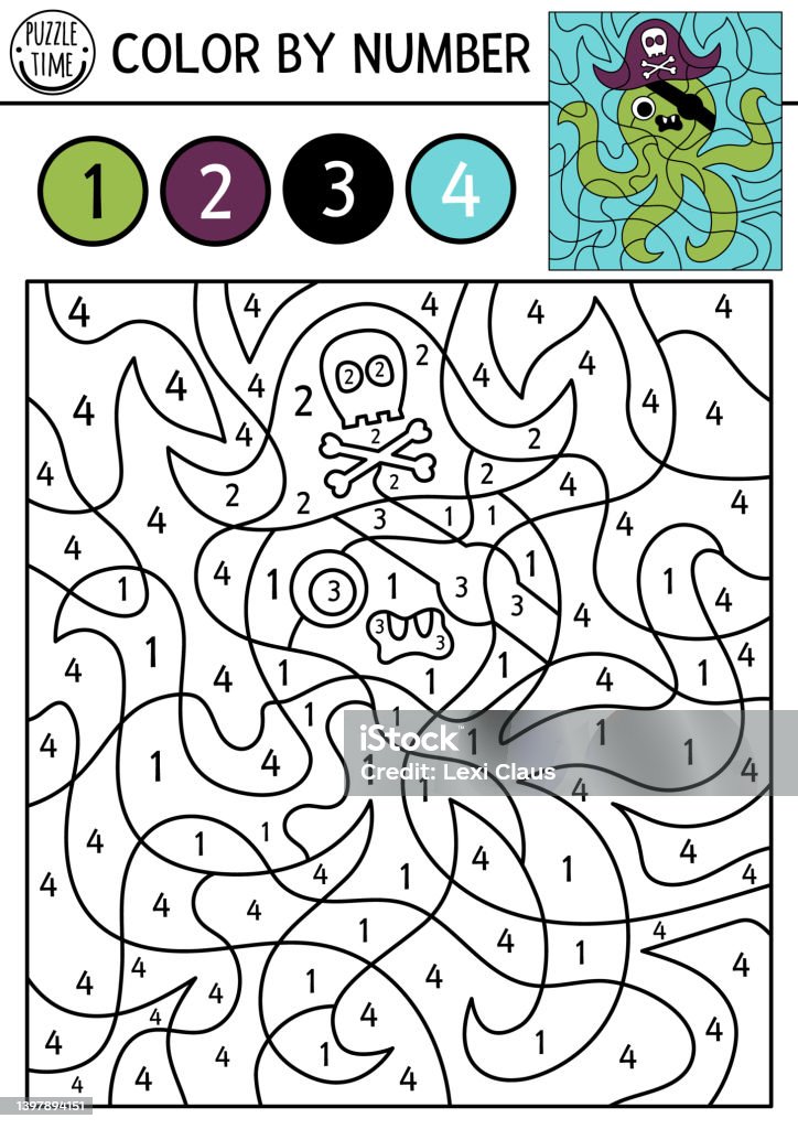 Vector pirate color by number activity with octopus in pirate hat and eye patch treasure island scene black and white counting game with cute animal sea adventures coloring page for kids stock