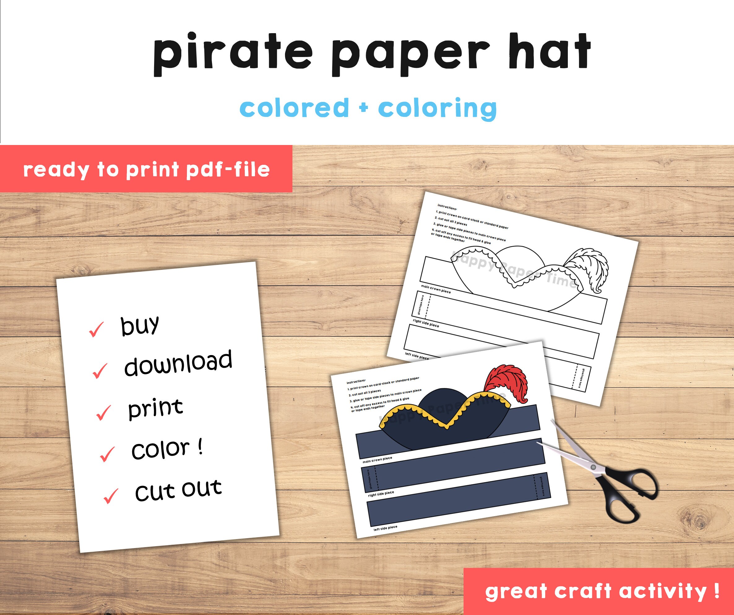 Pirate hat paper crown template pirate captain party headband coloring printable kids craft birthday favor pdf favor diy instant download