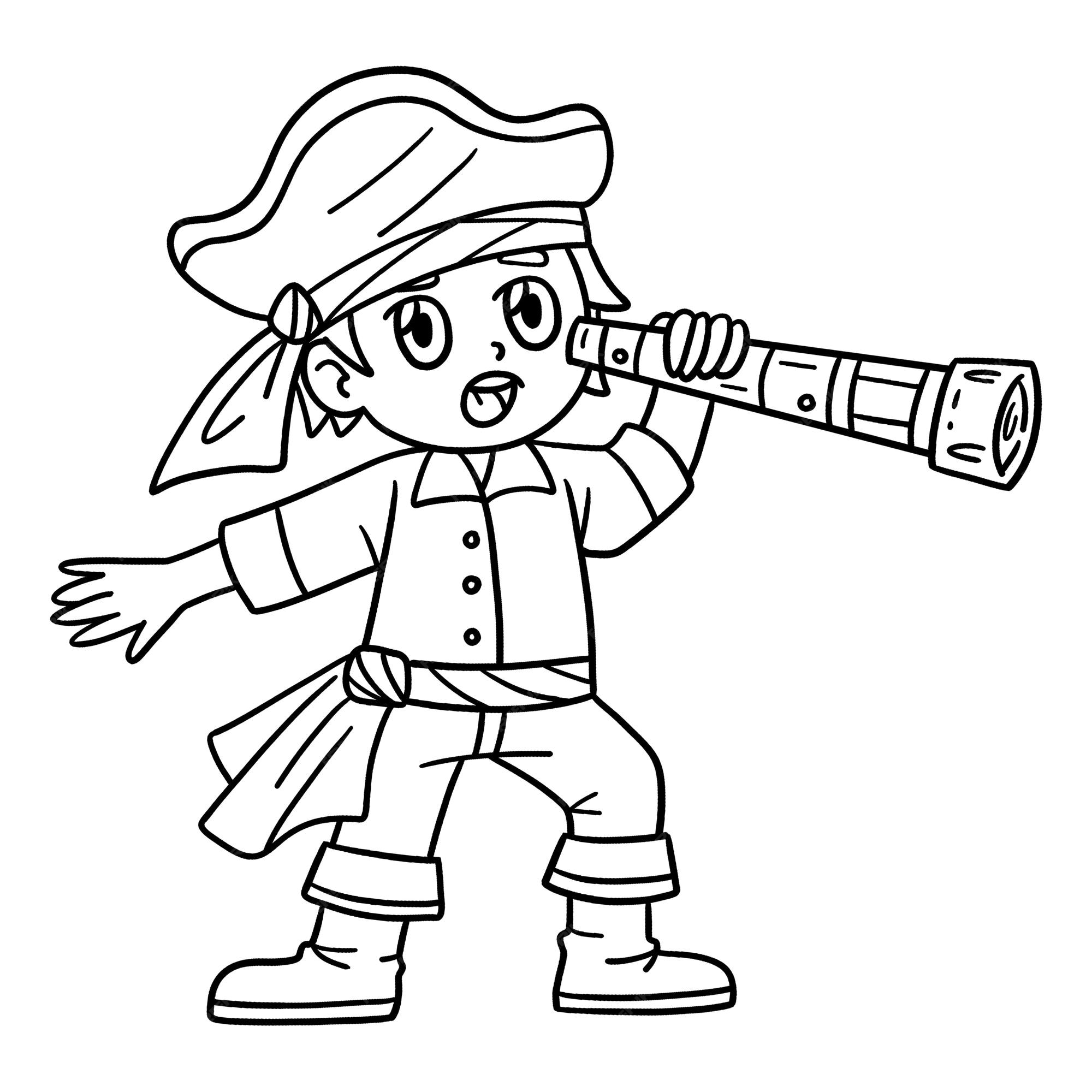 Premium vector a cute and funny coloring page of a pirate looking through a telescope provides hours of coloring fun for children color this page is very easy suitable for little