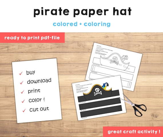 Pirate hat paper crown template pirate captain party headband coloring printable kids craft birthday favor pdf favor diy instant download