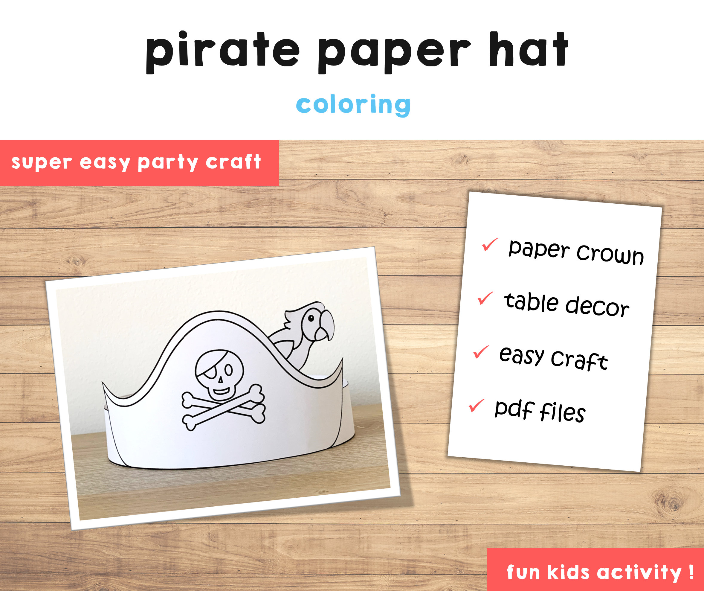 Pirate hat paper crown template pirate captain party headband coloring printable kids craft birthday favor pdf favor diy instant download