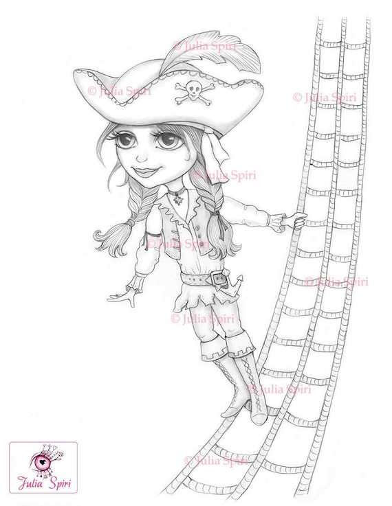 Pirate coloring page digital stamp digi girl cat pirates