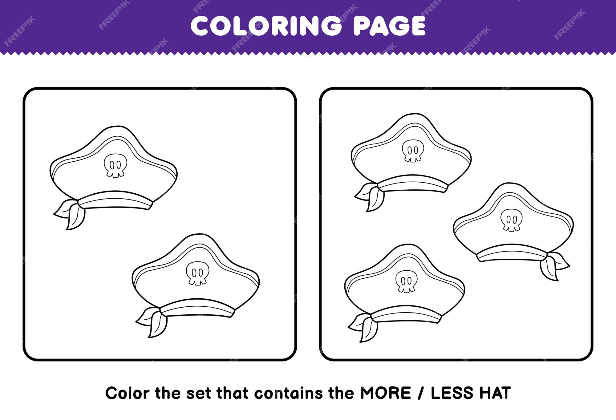 Premium vector education game for children coloring page more or less picture of cute cartoon hat line art set printable pirate worksheet