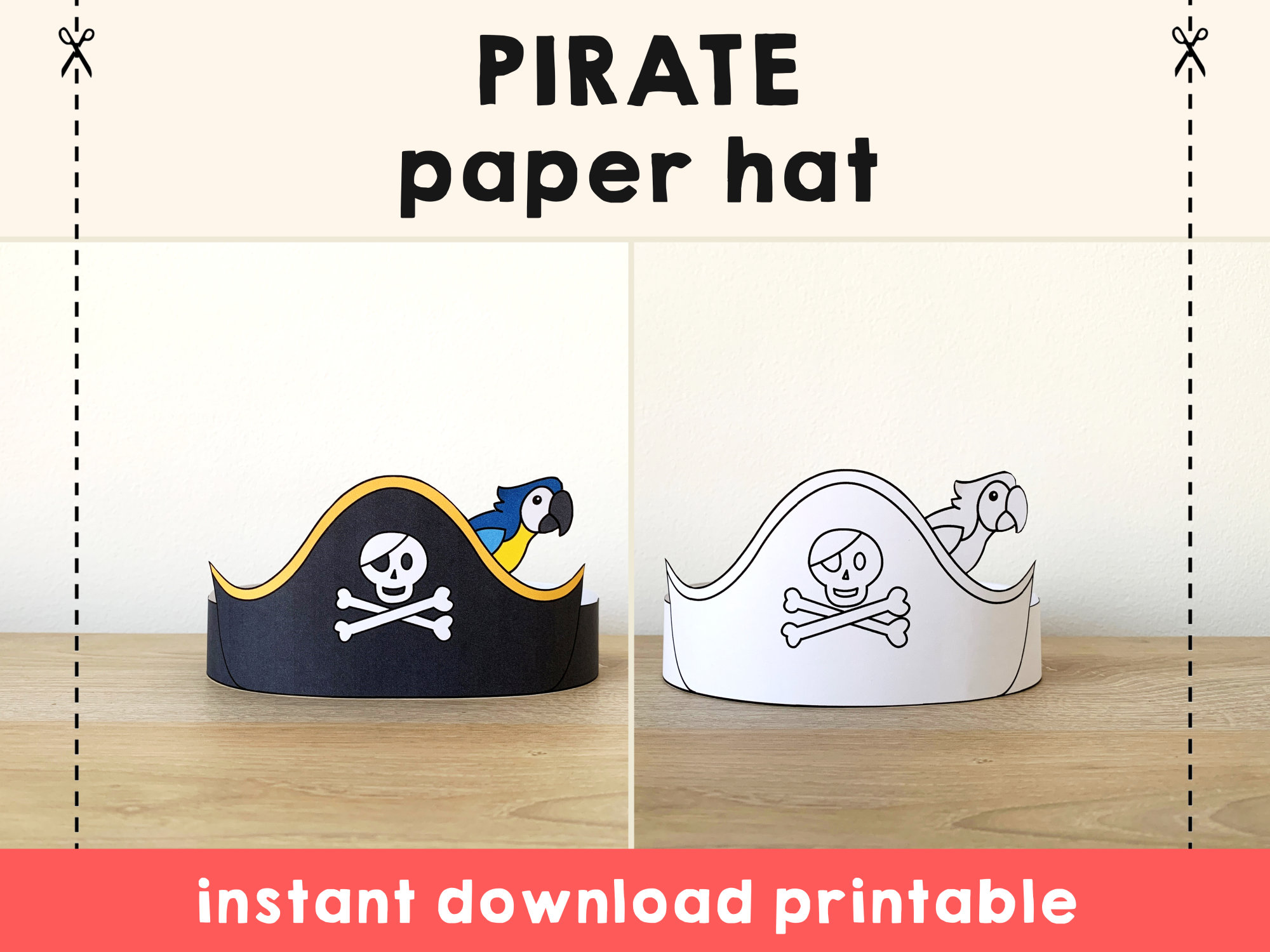 Pirate hat paper crown template pirate captain party headband coloring printable kids craft birthday favor pdf favor diy instant download