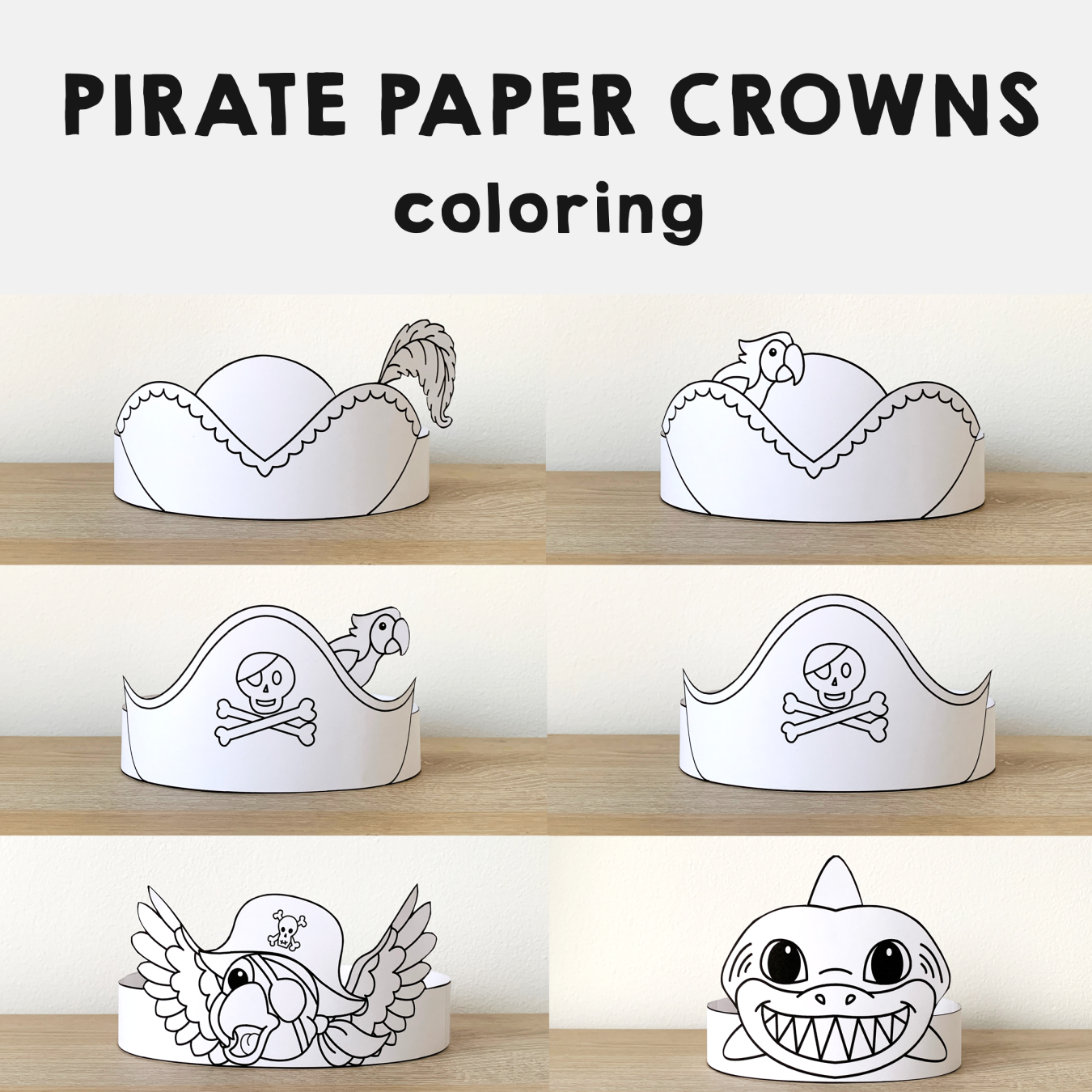 Pirate hat paper crown coloring craft skull parrot made by teachers