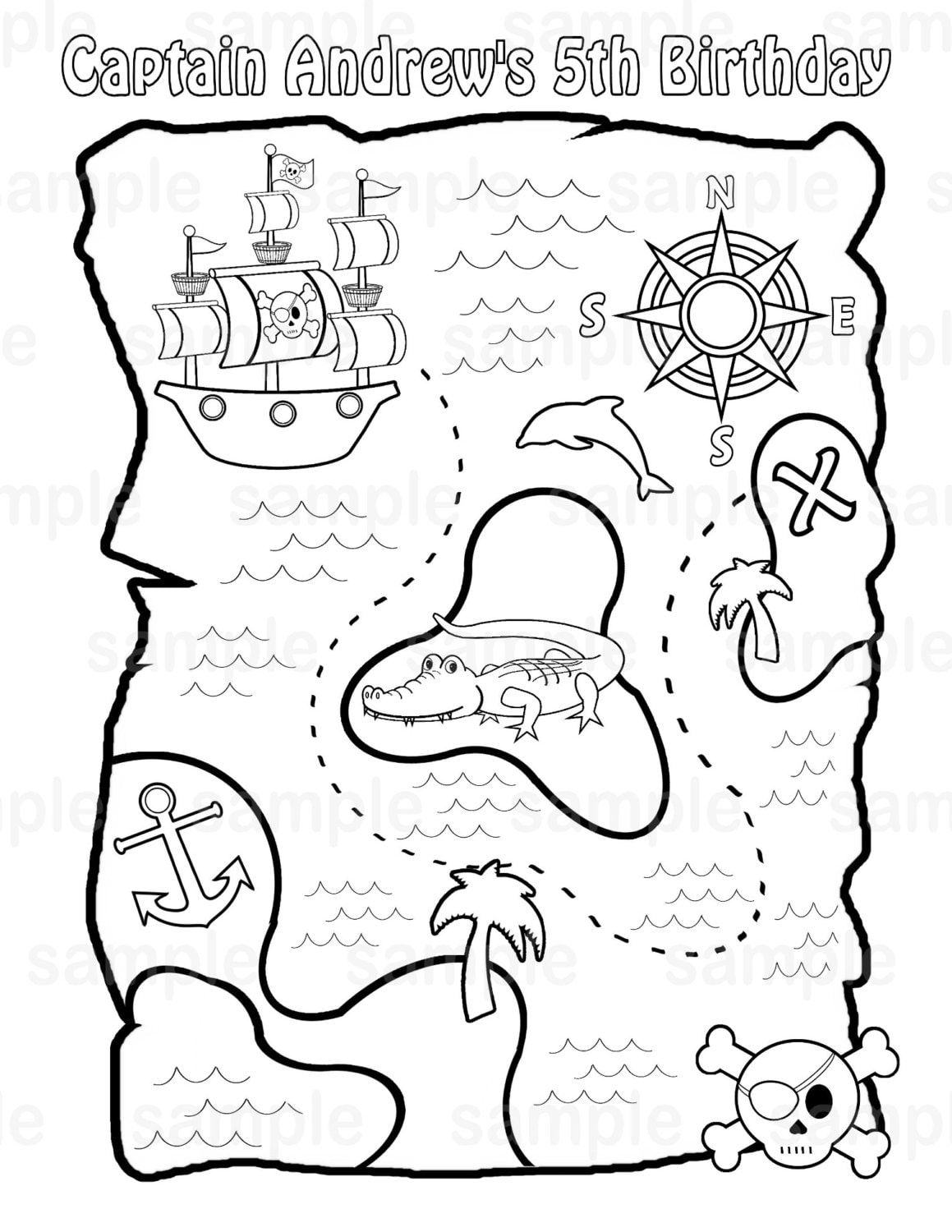 Personalized pirate treasure map coloring page birthday party favor colouring activity sheet personalized printable template