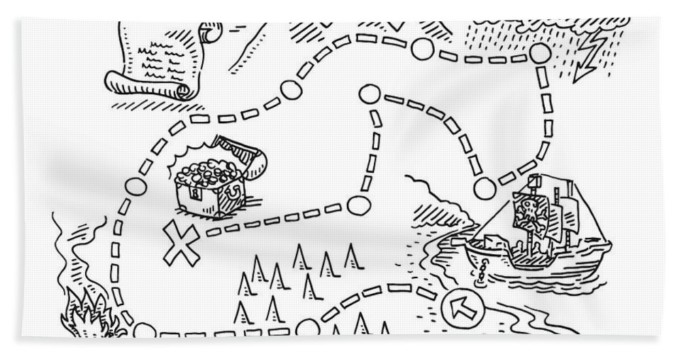 Treasure map pirate ship drawing bath sheet by frank ramspott