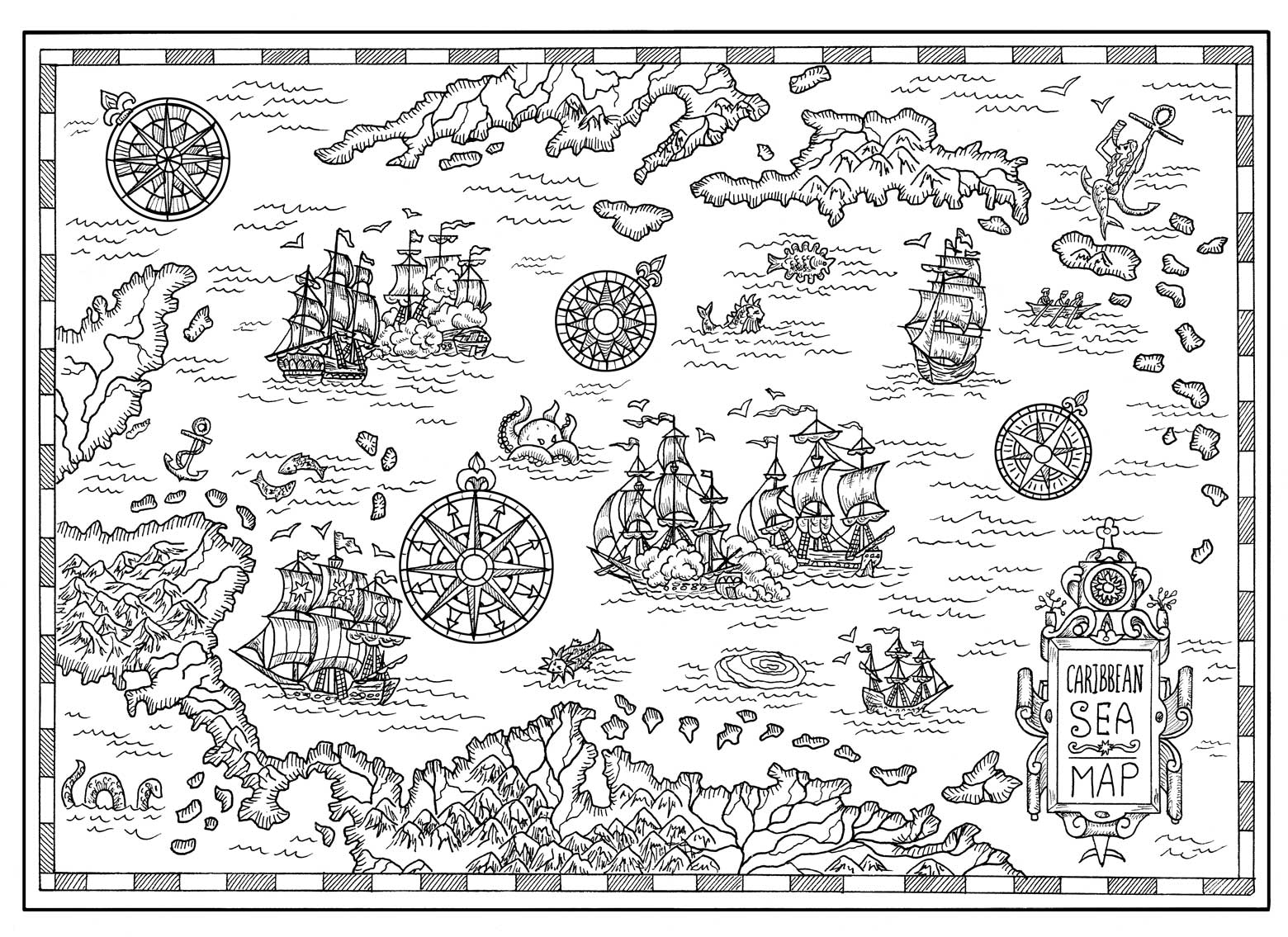 Caribbean sea map for coloring peel stick map