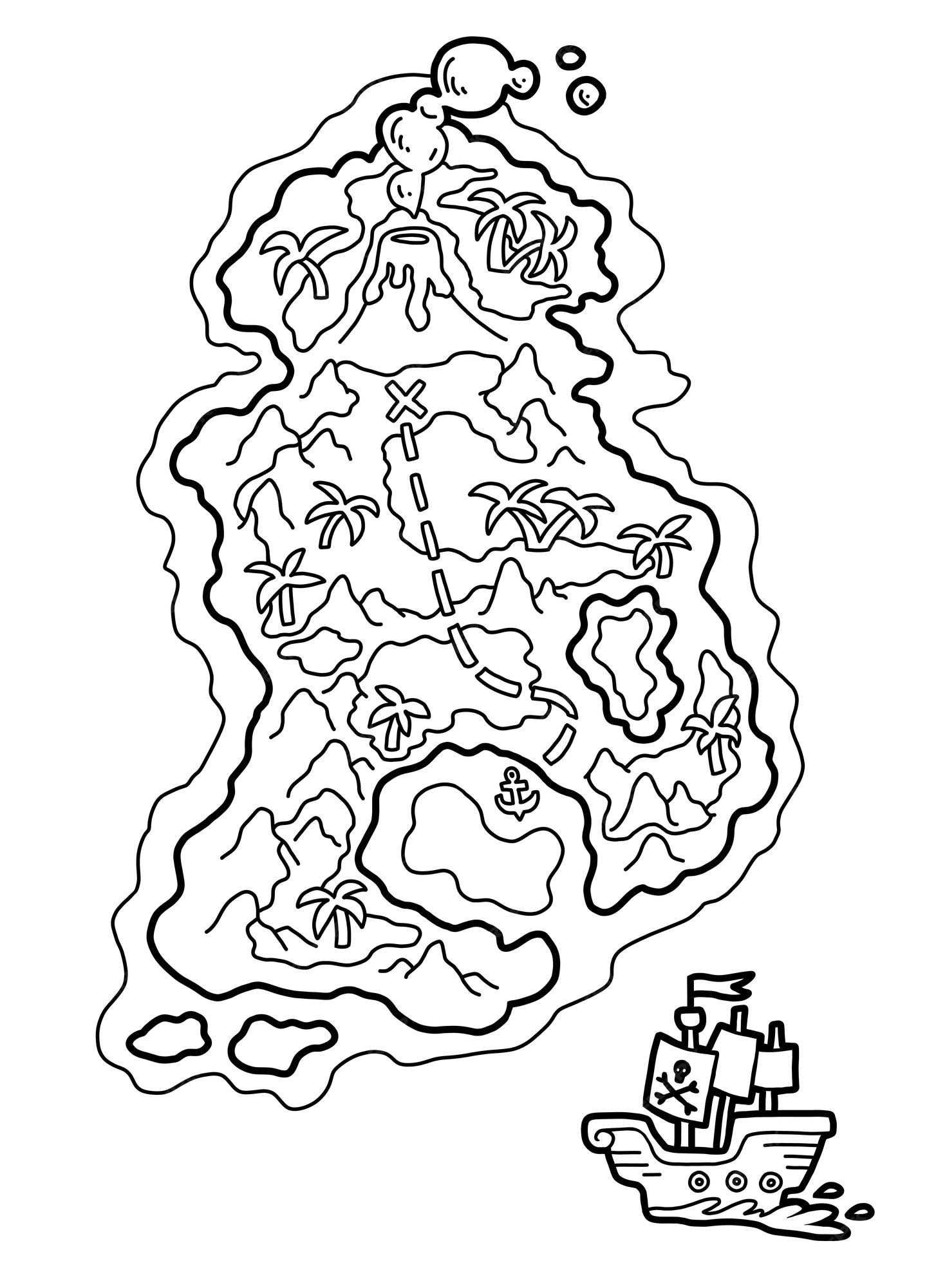 Premium vector coloring book for children pirate map with a tropical island