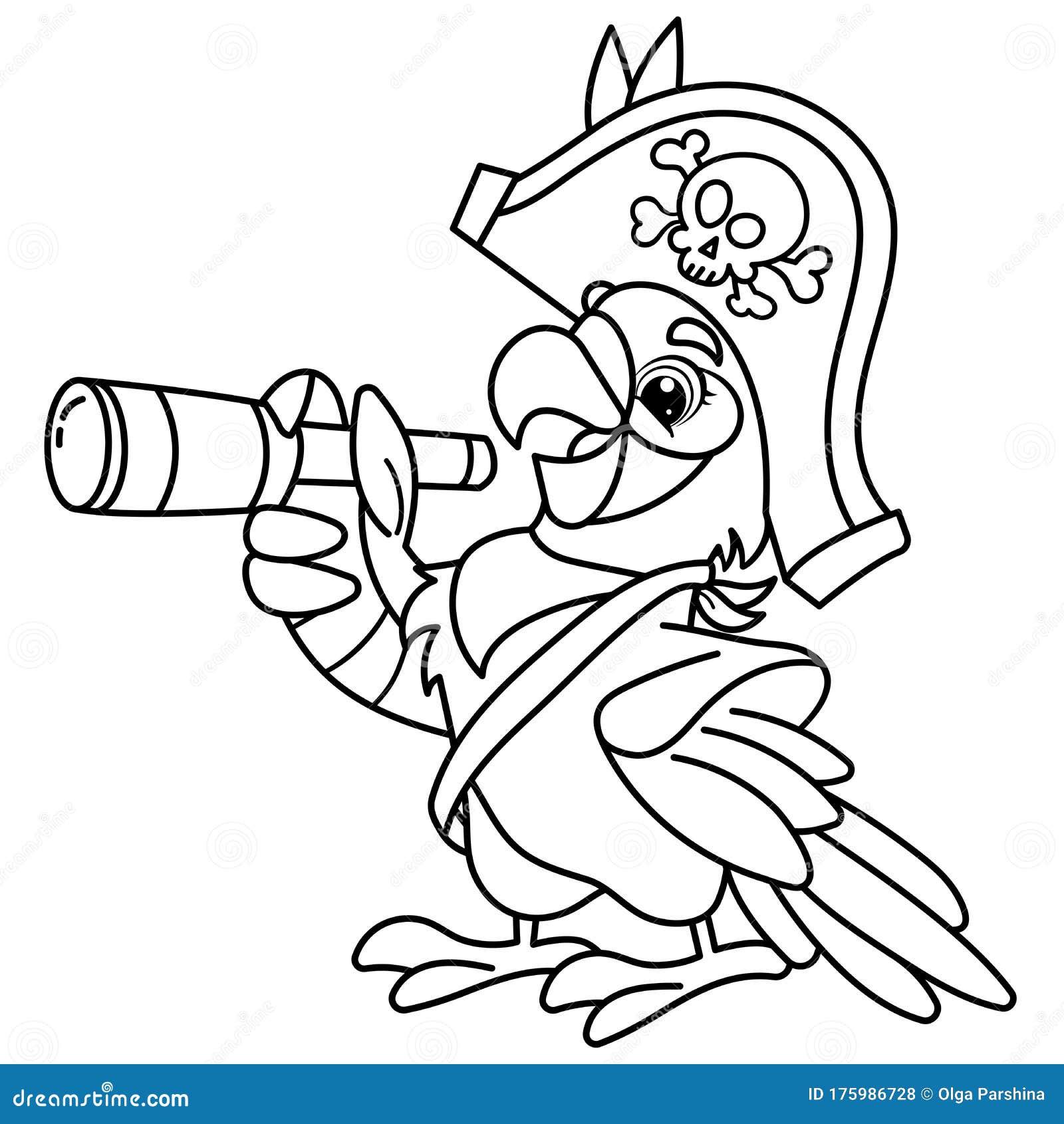 Coloring page outline of cartoon jolly pirate or parrot with spyglass coloring book for kids stock vector