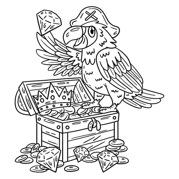 Premium vector a cute and funny coloring page of a pirate parrot perching on a chest provides hours of coloring fun for children color this page is very easy suitable for