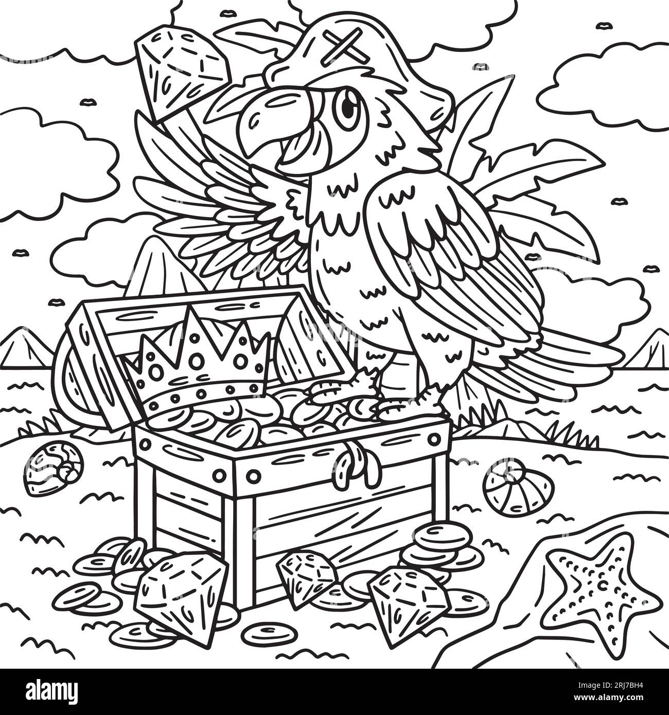 Pirate parrot perching on chest coloring page stock vector image art