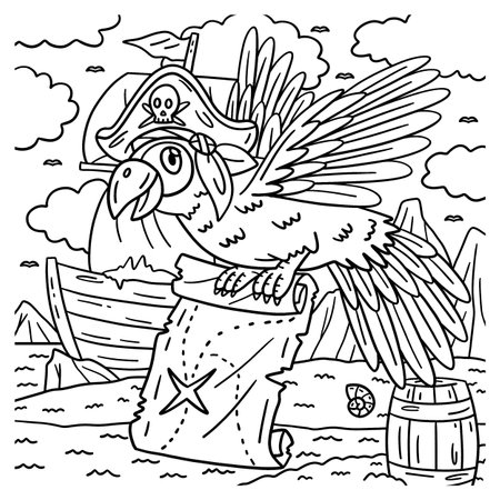 Pirate parrot with map coloring page for kids