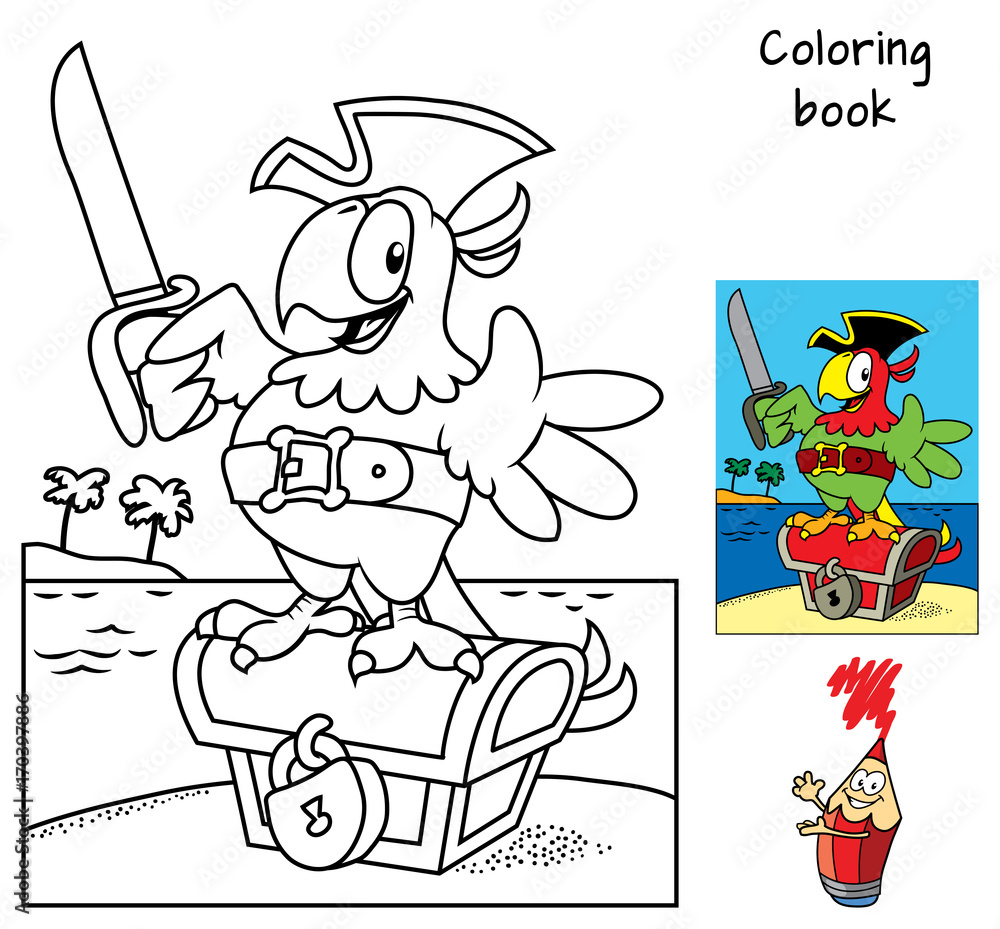 Pirate parrot with a cutlass staying on a treasure chest coloring book cartoon vector illustration vector