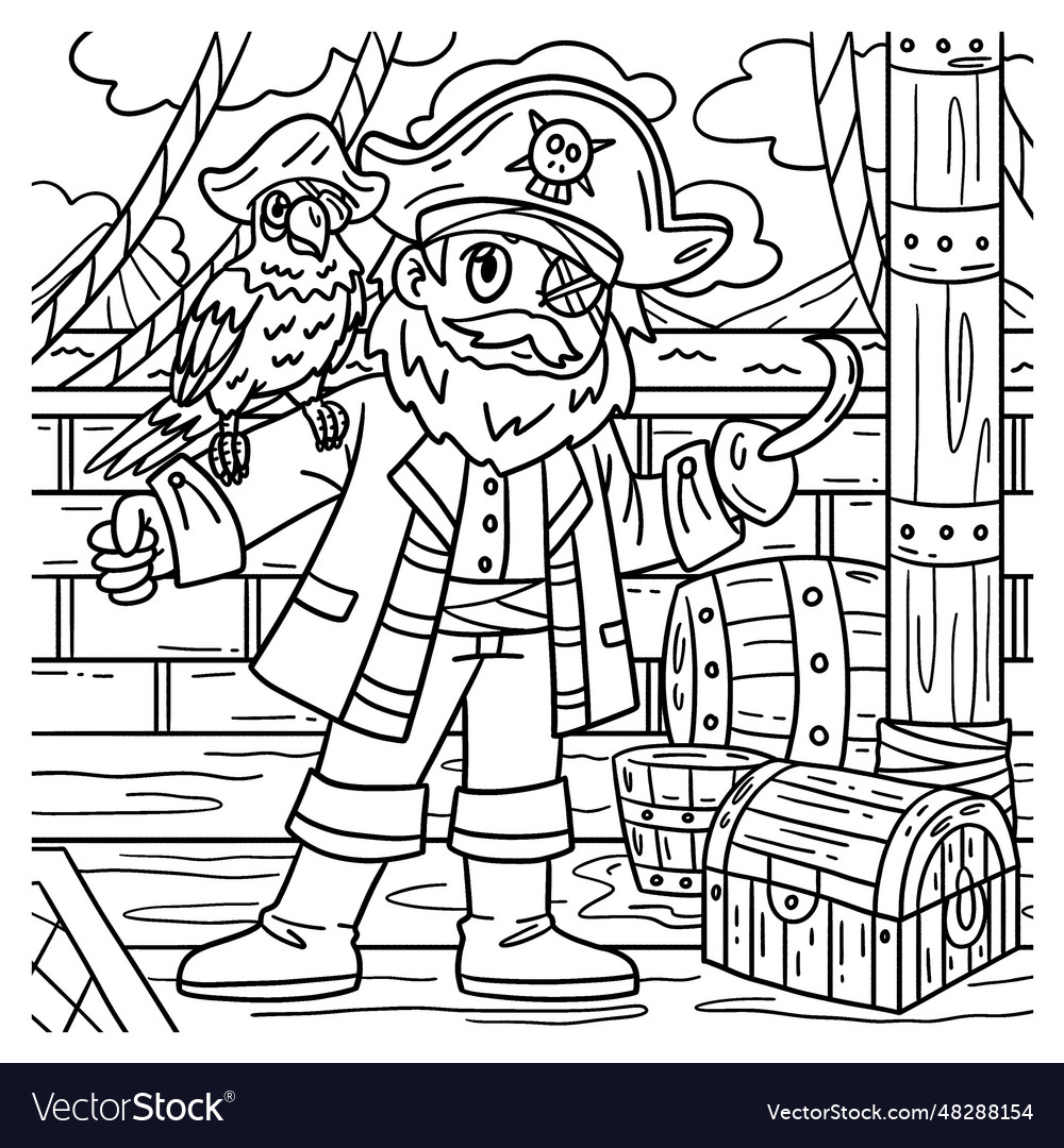 Pirate captain with parrot coloring page for kids vector image