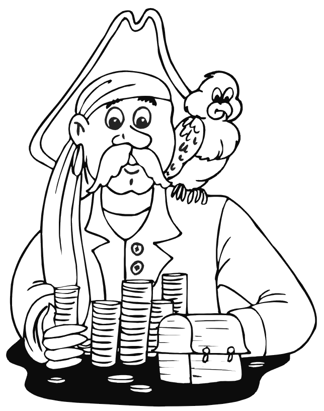 Pirate coloring page pirate with treasure parrot