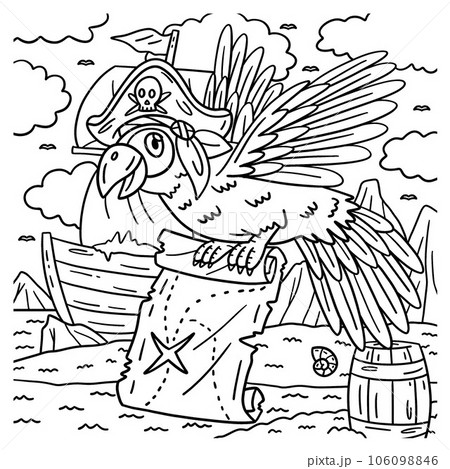 Pirate parrot with map coloring page for kids