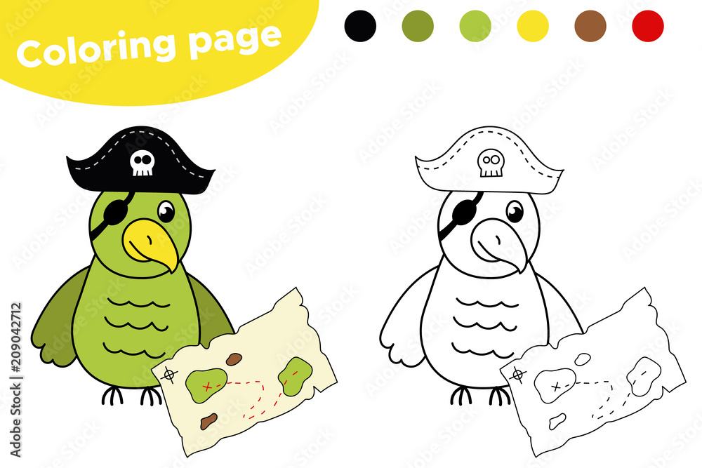 Coloring page for children cute pirate parrot with treasure map cartoon character vector illustration vector