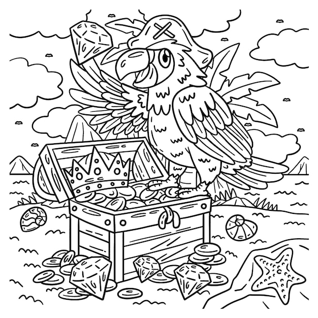 Premium vector a cute and funny coloring page of a pirate parrot perching on a chest provides hours of coloring fun for children color this page is very easy suitable for