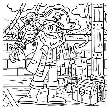 Pirate captain with parrot coloring page for kids illustration