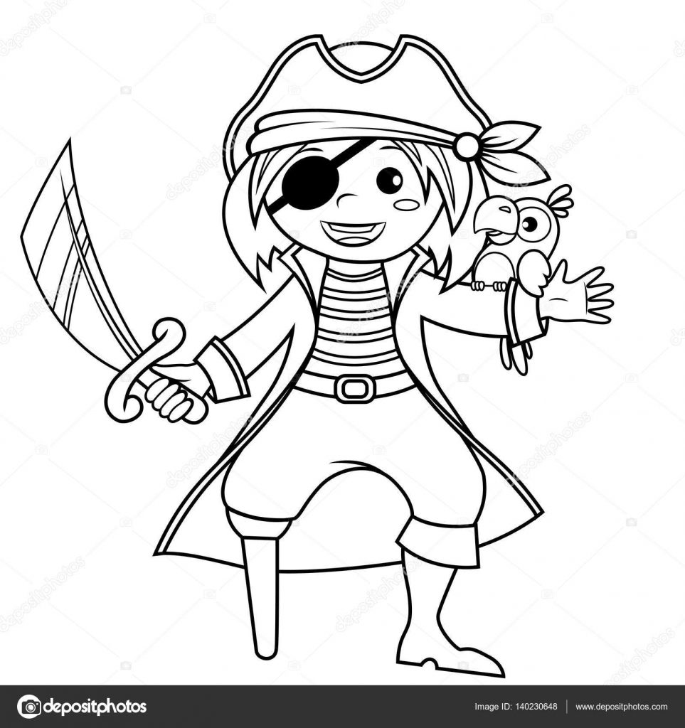 Pirate with parrot black and white vector illustration for coloring book stock vector by alka