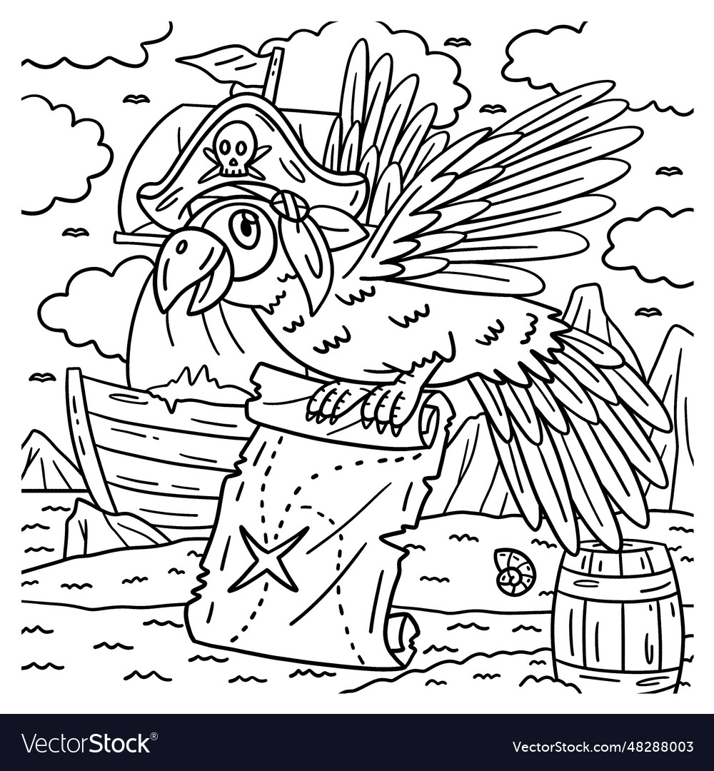 Pirate parrot with map coloring page for kids vector image