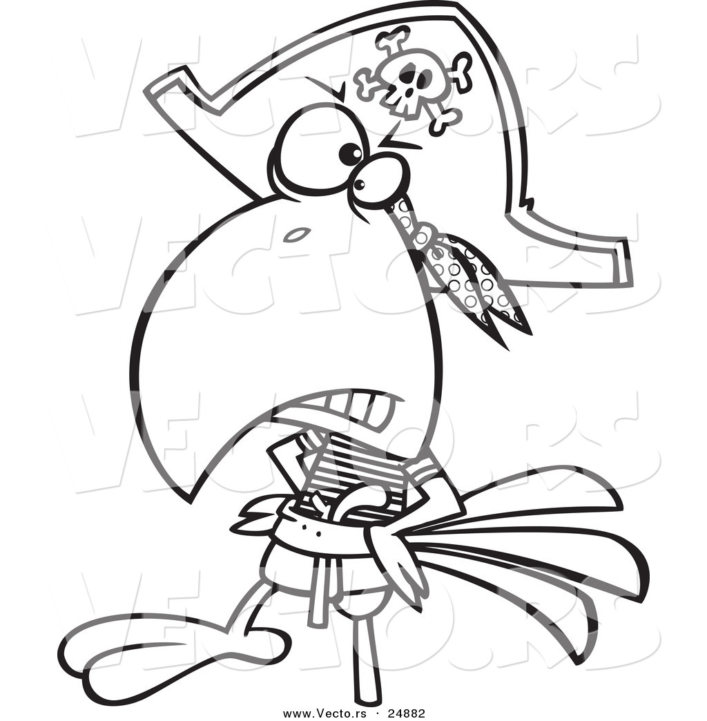 R of a cartoon goofy pirate parrot with a peg leg