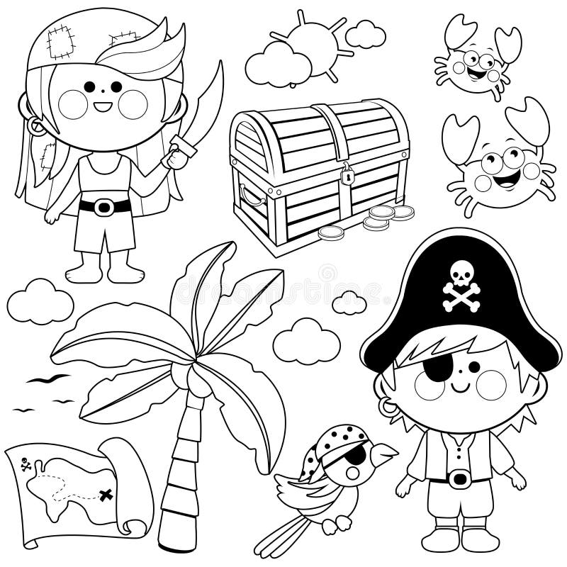 Pirate children collection vector black and white coloring page stock vector