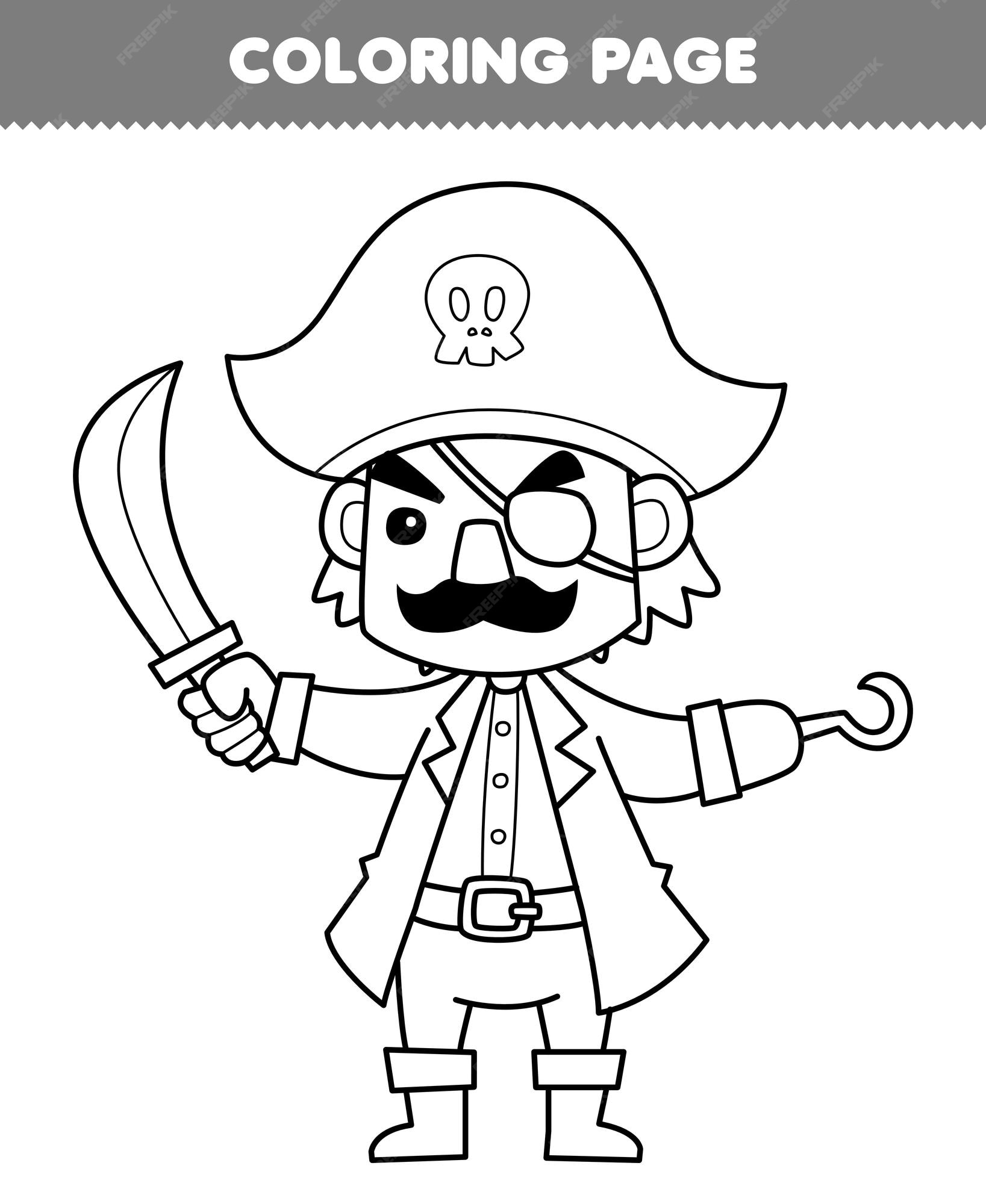 Premium vector education game for children coloring page of cute cartoon pirate captain line art printable pirate worksheet