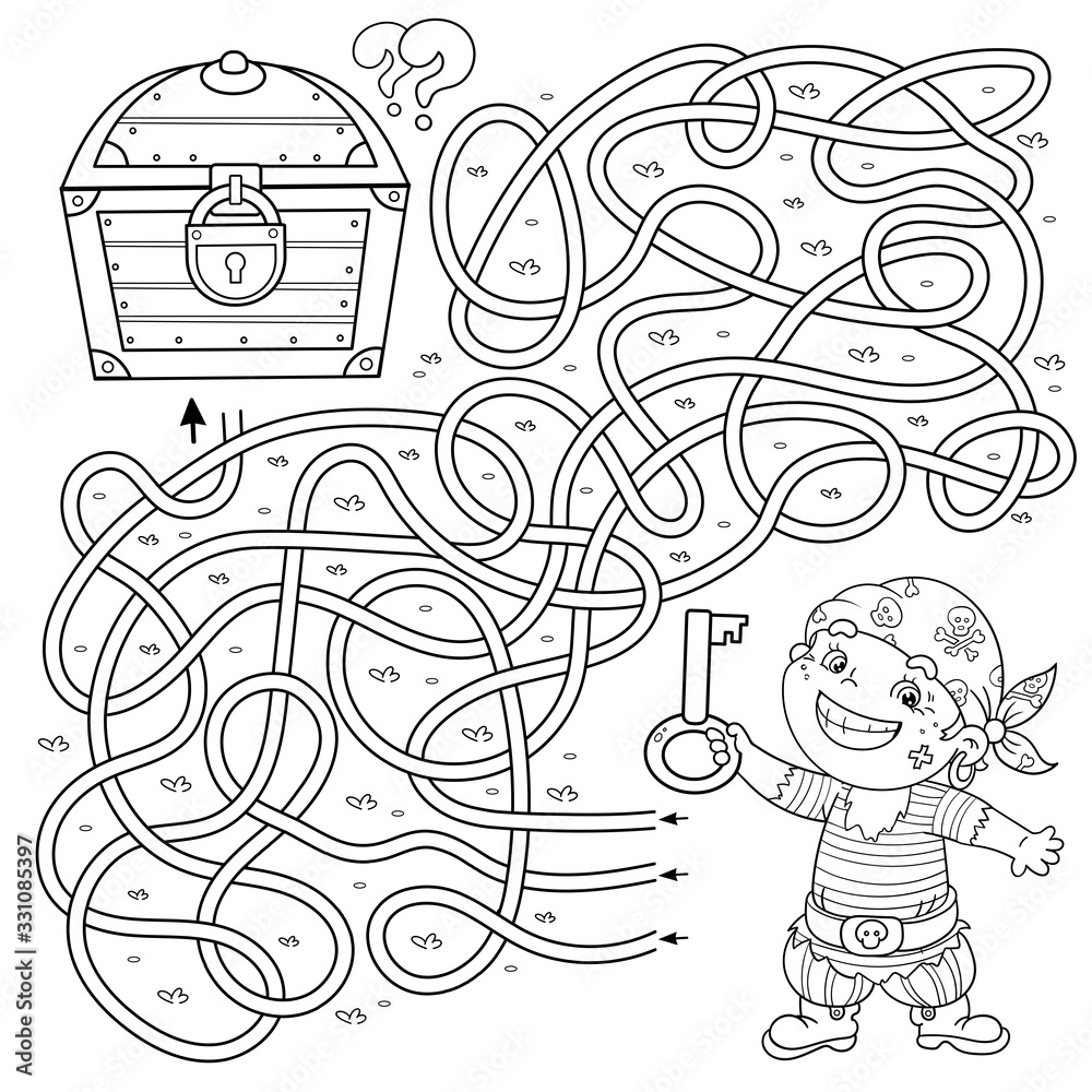 Maze or labyrinth game for preschool children puzzle tangled road coloring page outline of cartoon pirate with key and closed treasure chest coloring book for kids vector