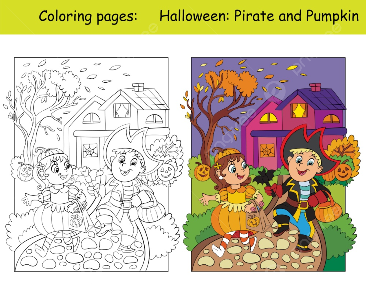 Funny children in costumes of pumpkin and pirate poster template download on