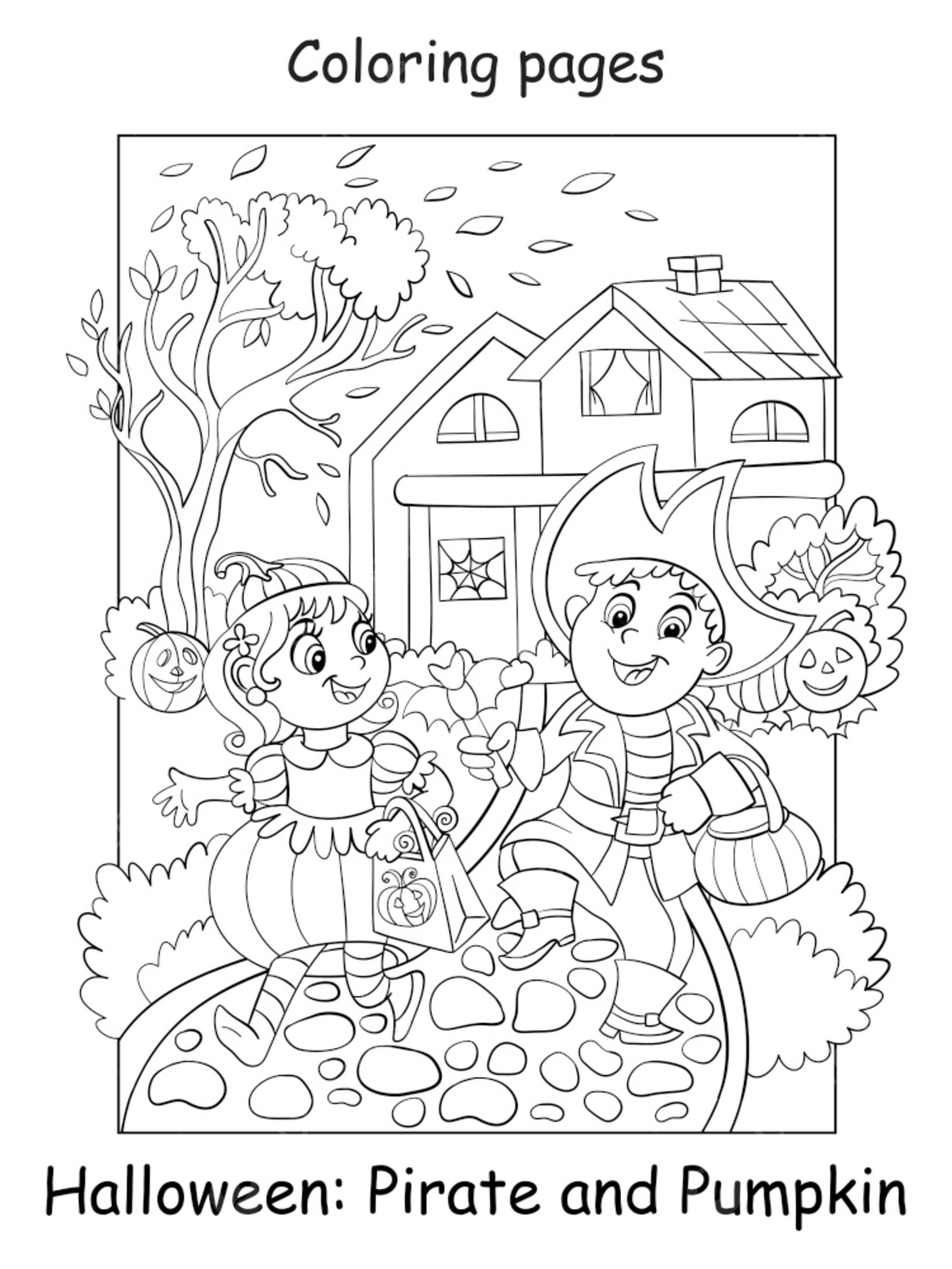 Vector coloring page funny children in costumes of pumpkin and the pirate poster template download on