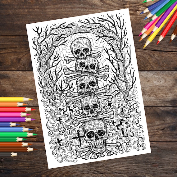 Skulls printable coloring page spooky gothic halloween pirate downloadable coloring sheet skull art coloring book page for adults