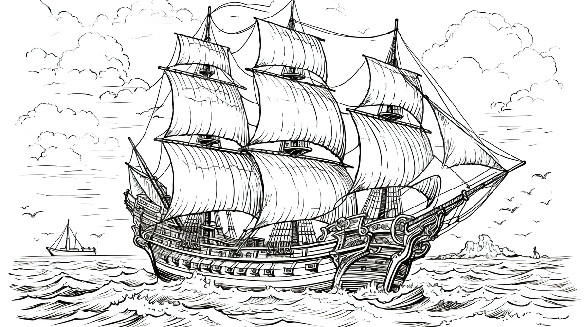 Coloring page sailing ship in waves background pirate ship colouring picture ship pirate background image and wallpaper for free download