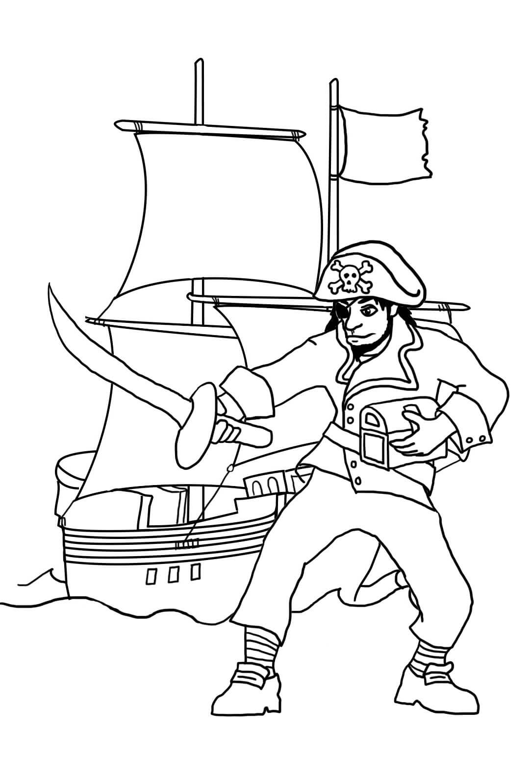 Pirate with sword and pirate ship coloring page