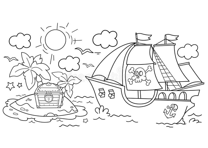 Coloring page outline of cartoon pirate ship with treasure island sailboat with black sails with skull in sea stock vector