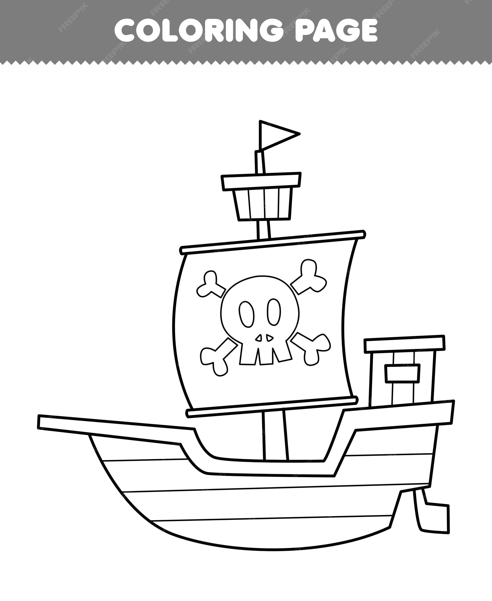 Premium vector education game for children coloring page of cute cartoon ship line art printable pirate worksheet