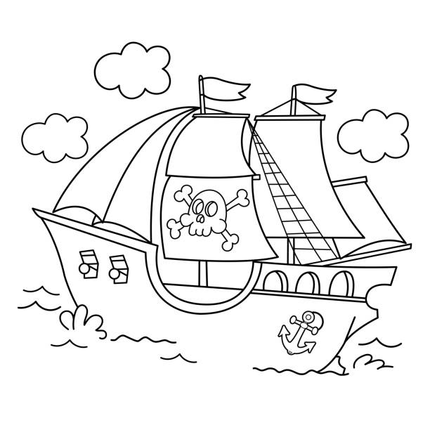 Coloring page outline of cartoon pirate ship sailboat with black sails with skull in sea drawing coloring book for kids stock illustration