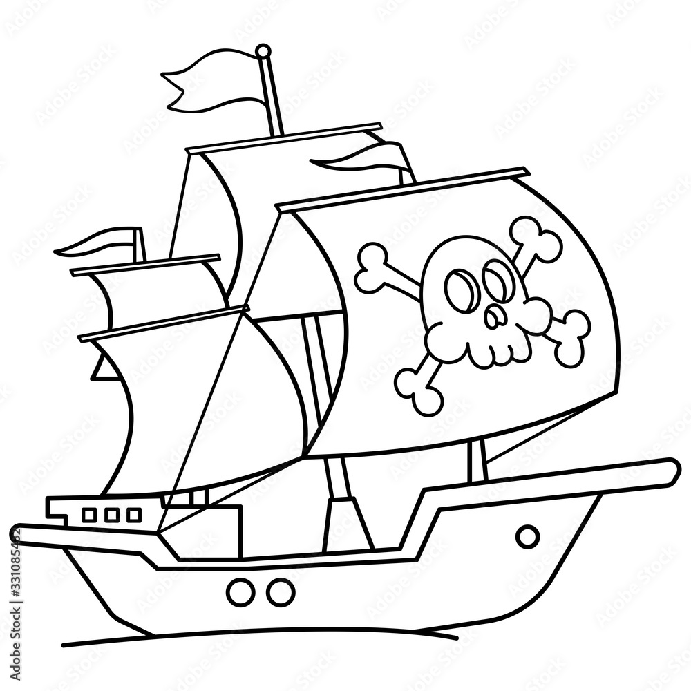 Coloring page outline of cartoon pirate ship sailboat with black sails with skull in sea drawing coloring book for kids vector