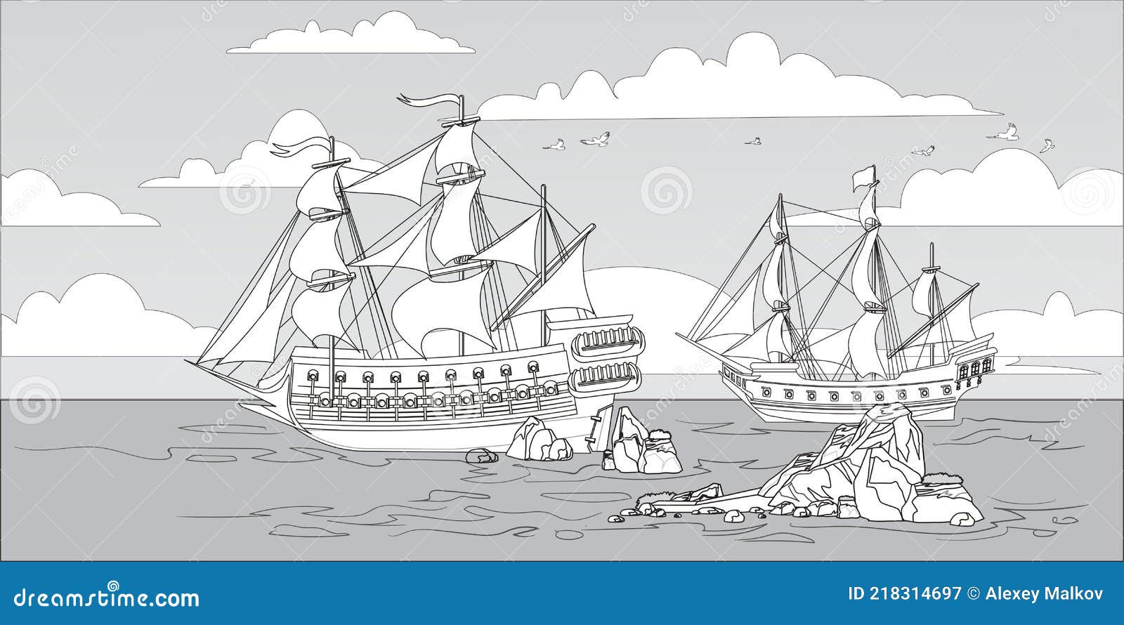 Landscape with pirate boats and old different wooden ships with fluttering flags coloring page for children sea stock vector