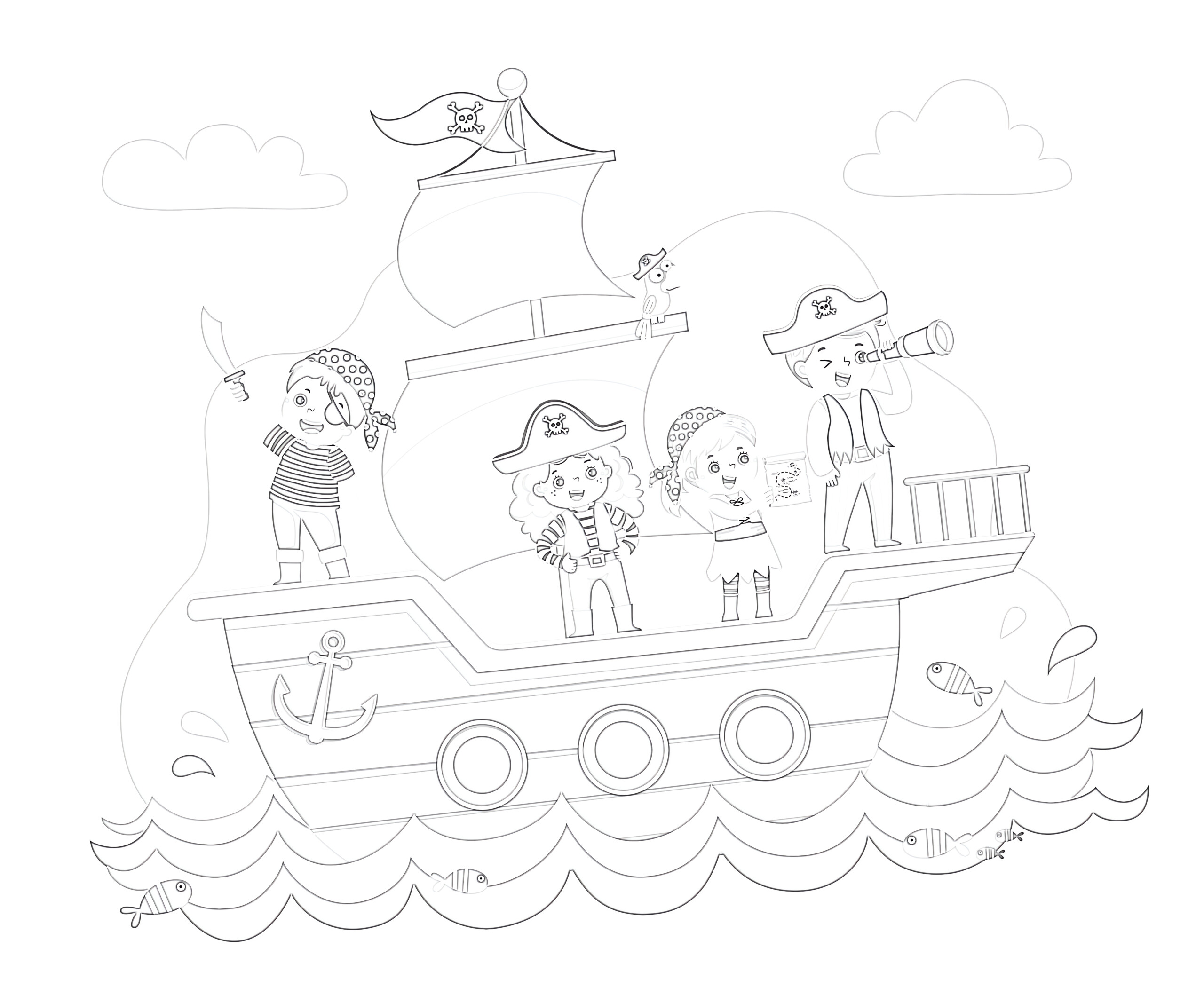 Pirates on the ship coloring page