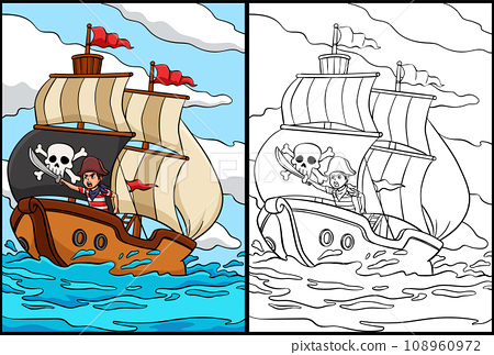 Pirate ship coloring page colored illustration