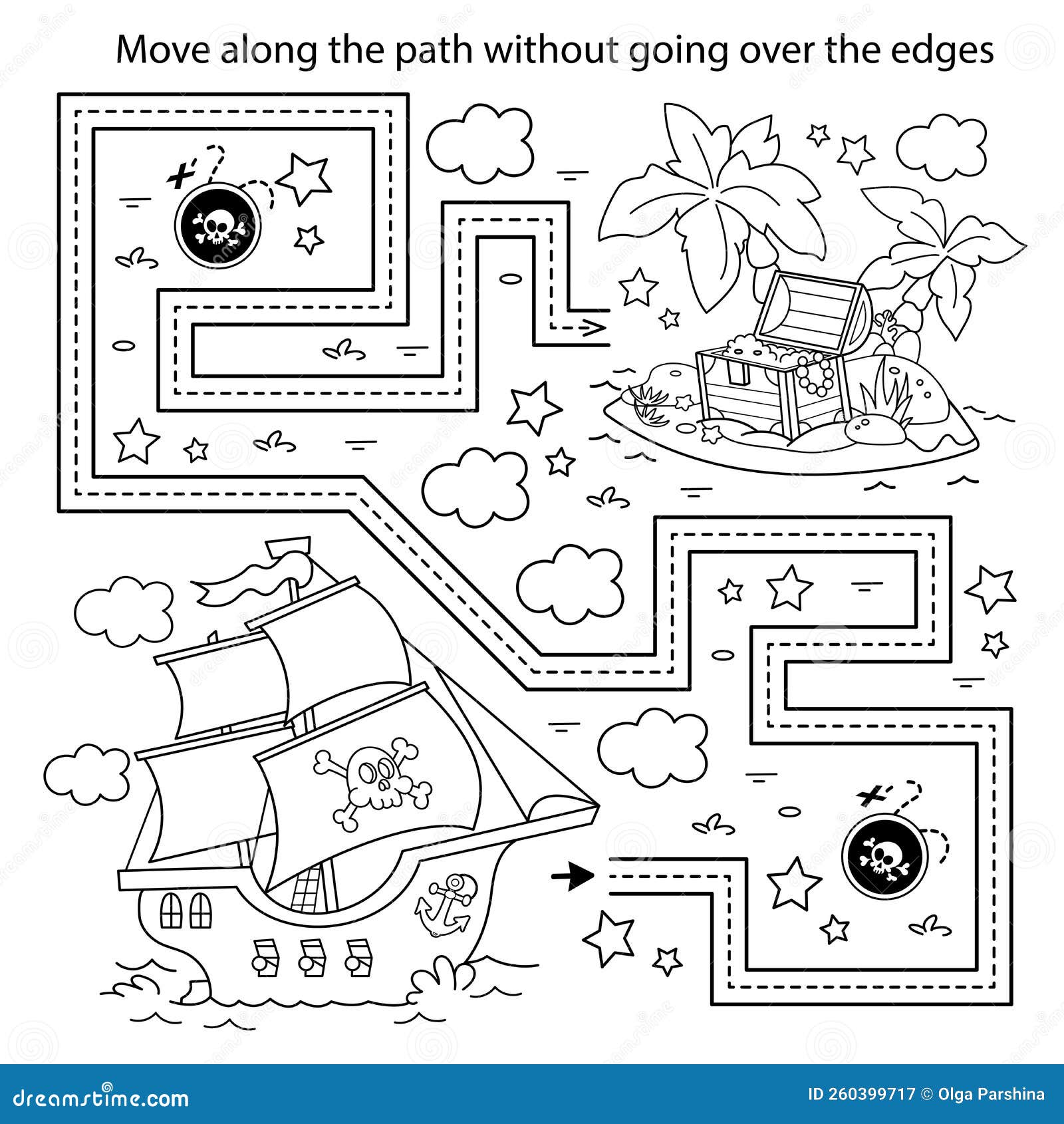 Handwriting practice sheet simple educational game or maze coloring page outline of cartoon pirate ship with treasure island stock vector