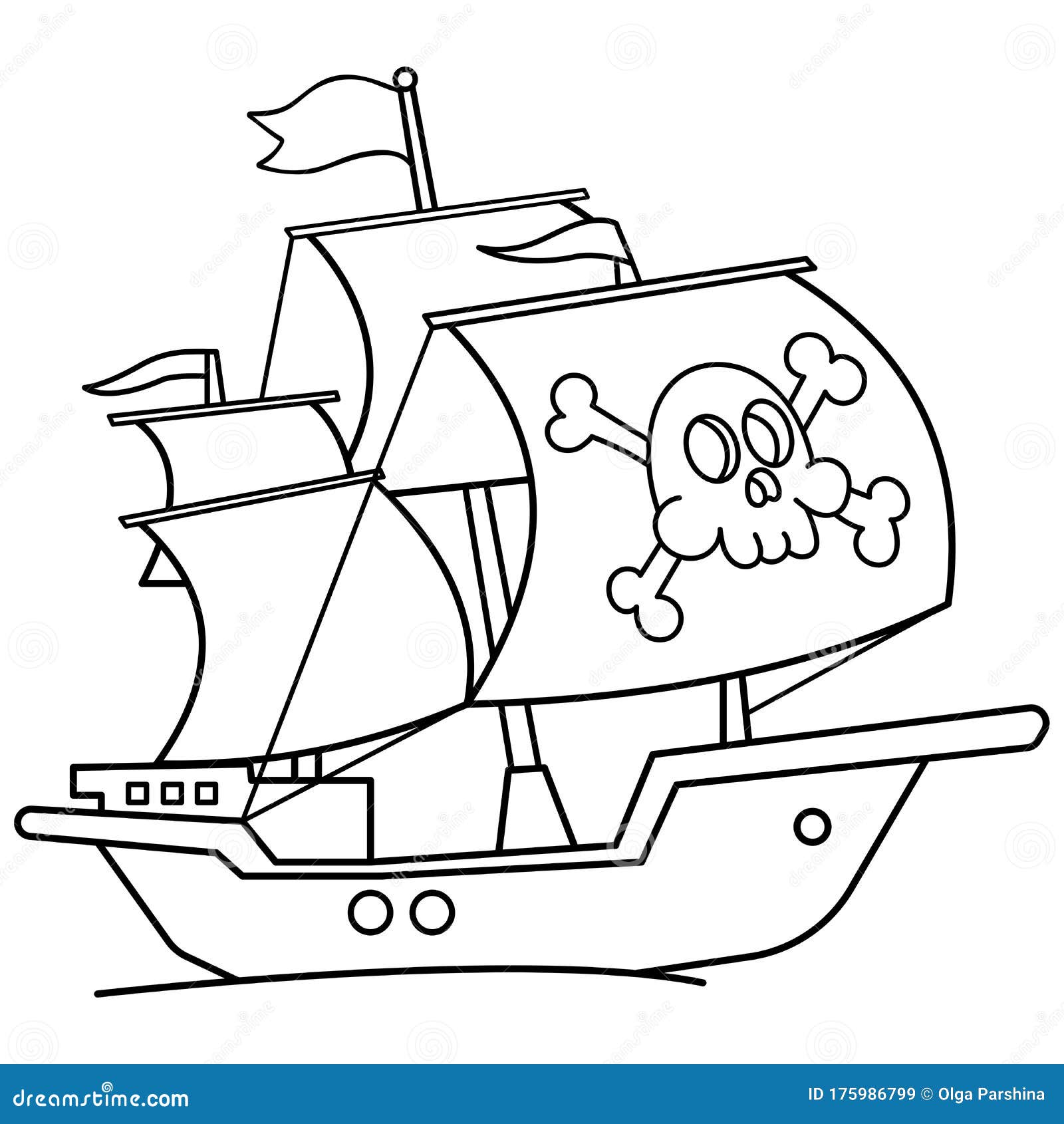Coloring page outline of cartoon pirate ship sailboat with black sails with skull in sea drawing stock vector