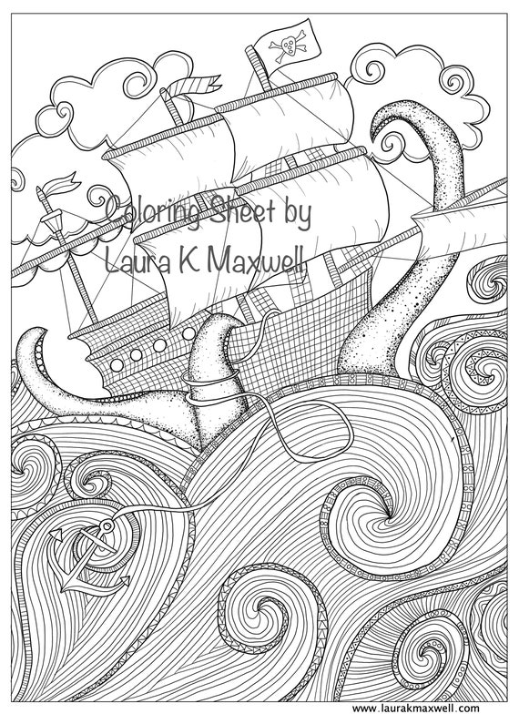 Pirate peril printable coloring page for adults and kids pirate ship coloring sheet downloadable coloring page nautical coloring book