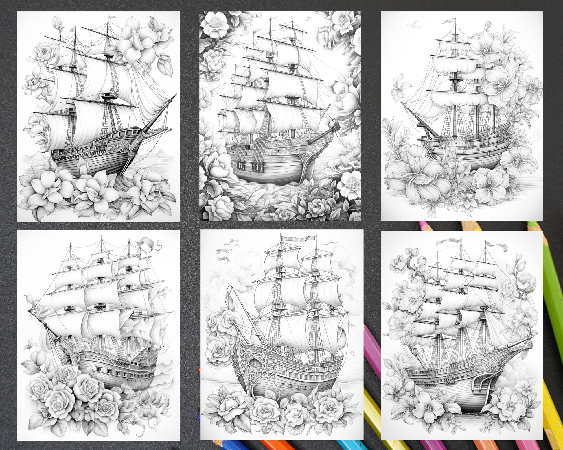 Flower ships graysale coloring pages printable for adults pdf file â coloring