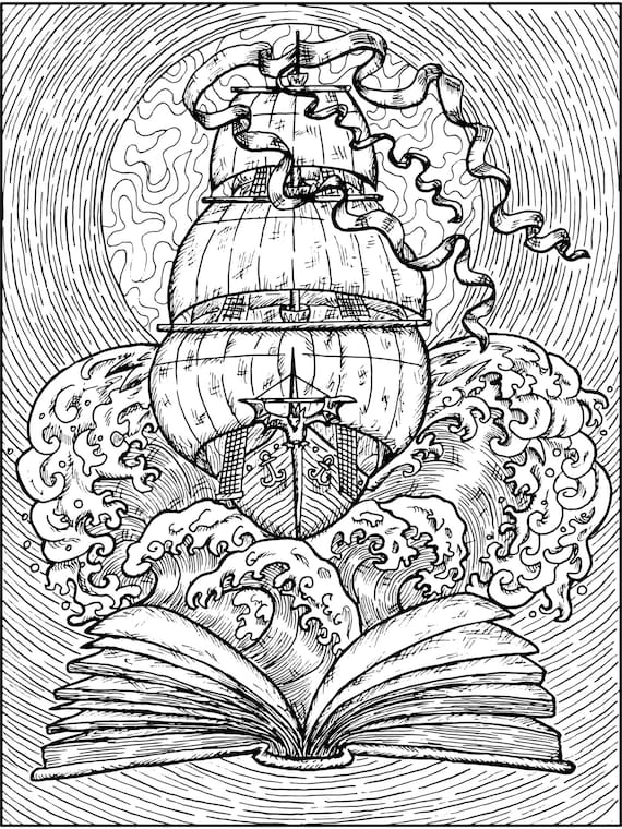 Pirate ship coloring book page adult coloring book page downloadable coloring page printable coloring page