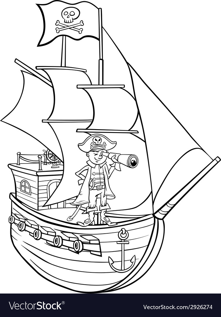 Pirate on ship cartoon coloring page royalty free vector
